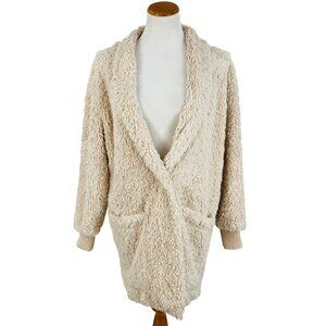 Me Jane Faux Fur Cozy Light Beige Ribbed Cuffs & Pockets Relaxed Cardigan Jacket